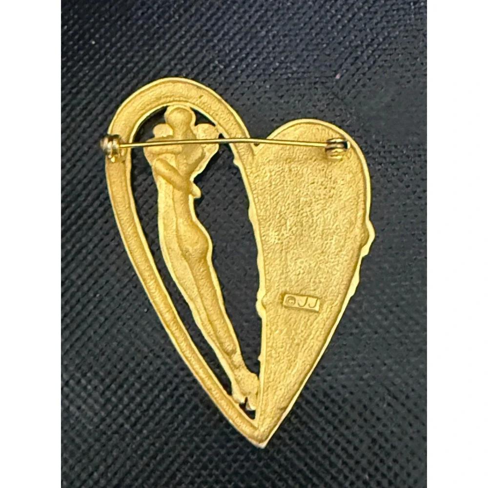 Vintage Signed JJ Gold pewter Lovers in Heart Brooch/Pin Large and‎ Rare